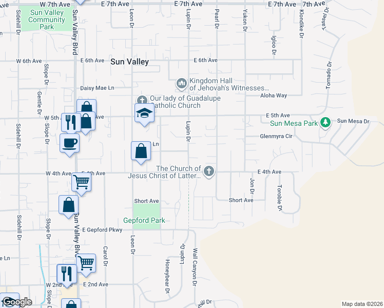 map of restaurants, bars, coffee shops, grocery stores, and more near 5464 Lupin Drive in Sun Valley