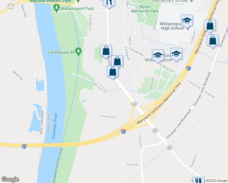 map of restaurants, bars, coffee shops, grocery stores, and more near 15944 Lockwood Road in Williamsport