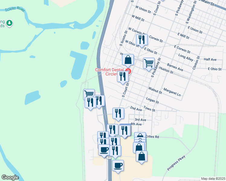 map of restaurants, bars, coffee shops, grocery stores, and more near 130 Dunmore Road in Circleville