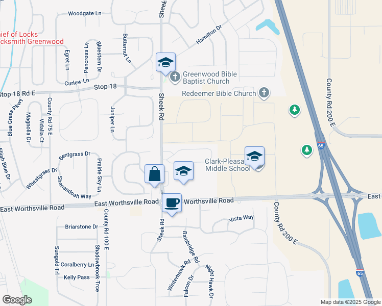 map of restaurants, bars, coffee shops, grocery stores, and more near 1287 Cottages Way in Greenwood