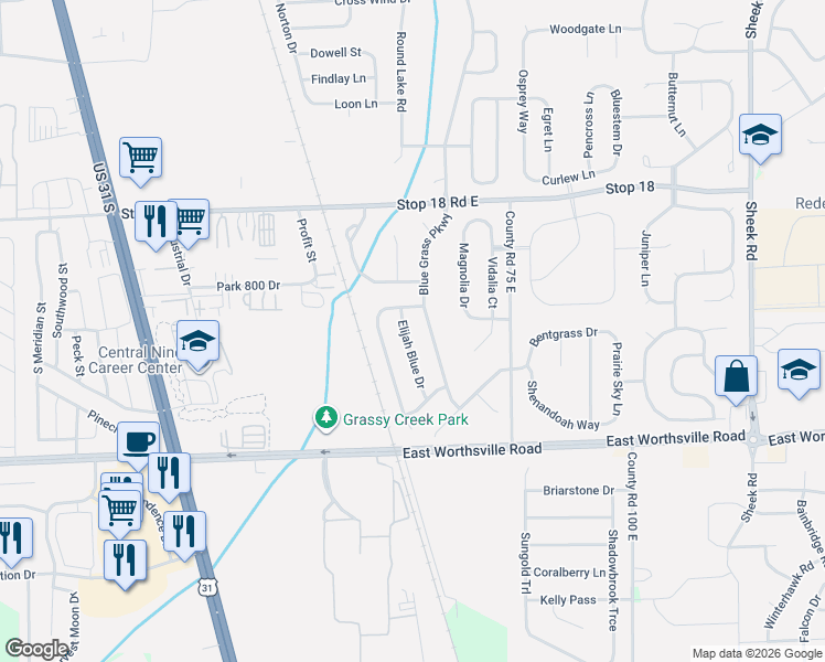 map of restaurants, bars, coffee shops, grocery stores, and more near 1709 Blue Grass Parkway in Greenwood