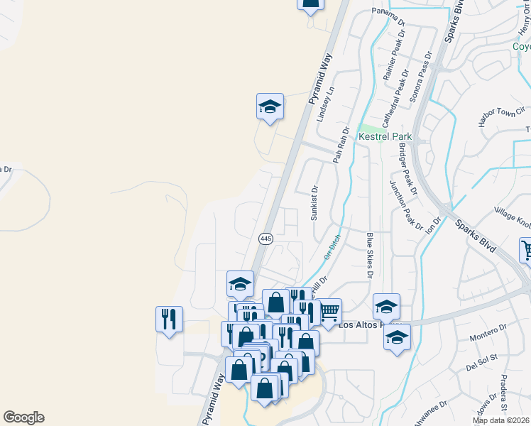 map of restaurants, bars, coffee shops, grocery stores, and more near 6796 Dorchester Drive in Sparks