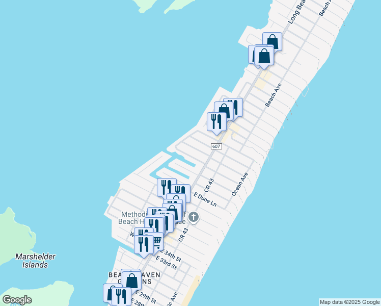 map of restaurants, bars, coffee shops, grocery stores, and more near 13 West Old Whaling Lane in Long Beach Township