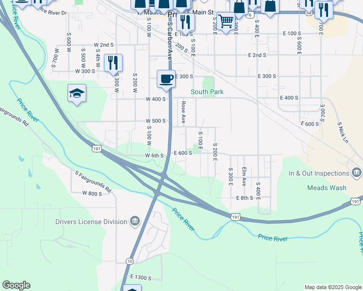map of restaurants, bars, coffee shops, grocery stores, and more near 525 Rose Avenue in Price