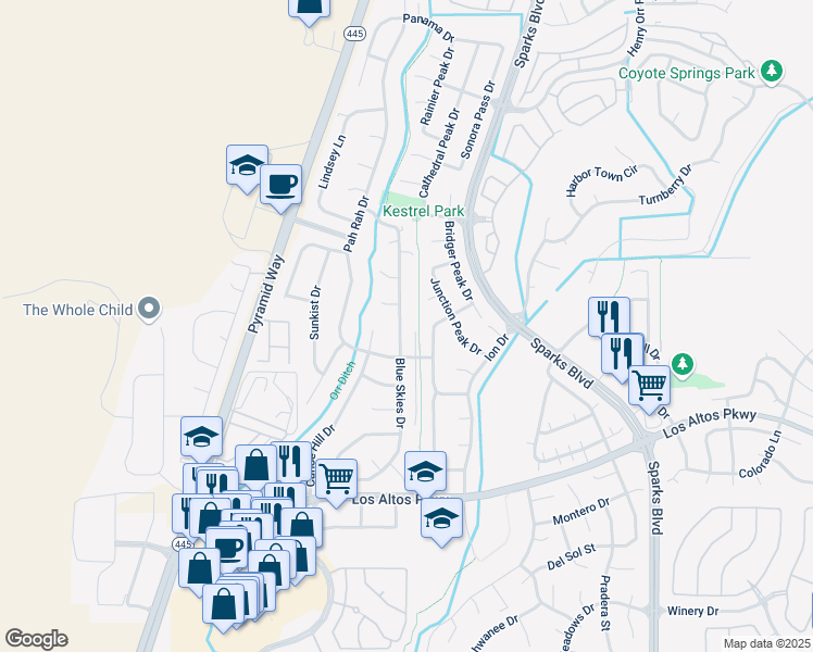 map of restaurants, bars, coffee shops, grocery stores, and more near 610 Blue Skies Drive in Sparks