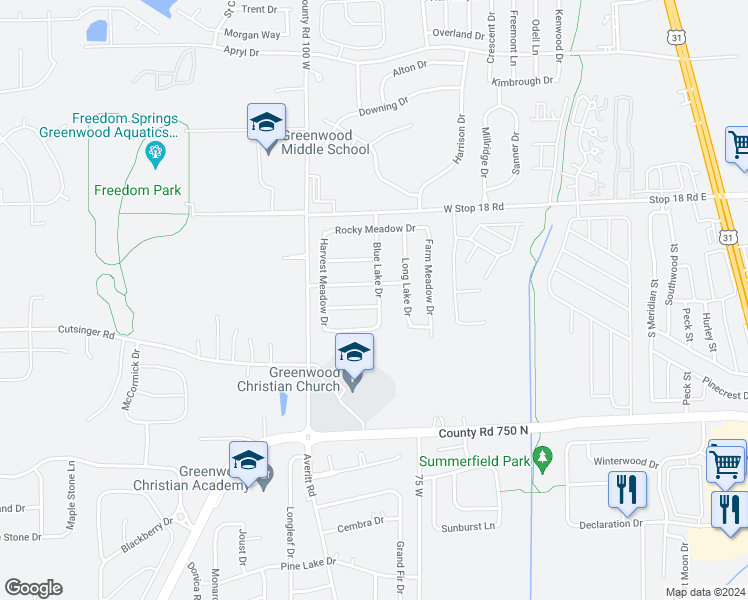 map of restaurants, bars, coffee shops, grocery stores, and more near 636 Blue Meadow Drive in Greenwood
