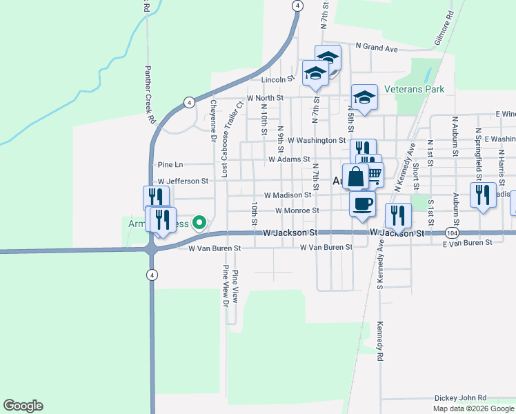 map of restaurants, bars, coffee shops, grocery stores, and more near 10th St in Auburn