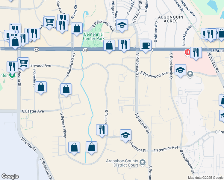 map of restaurants, bars, coffee shops, grocery stores, and more near 6950 S Tucson Way in Englewood