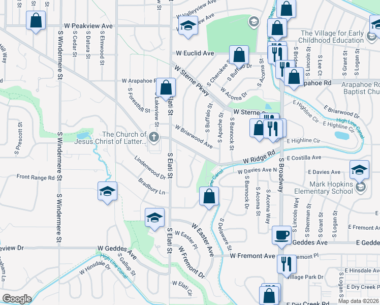map of restaurants, bars, coffee shops, grocery stores, and more near 628 West Briarwood Avenue in Littleton
