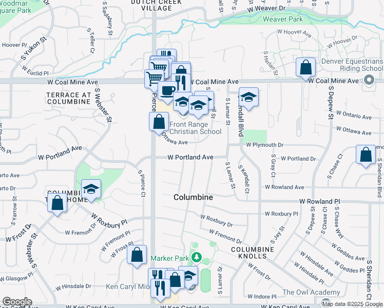 map of restaurants, bars, coffee shops, grocery stores, and more near 6515 West Portland Avenue in Littleton