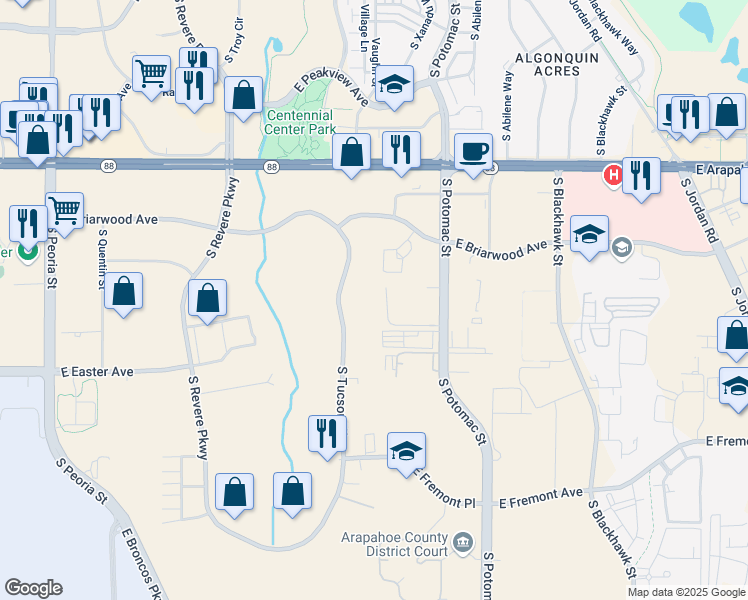 map of restaurants, bars, coffee shops, grocery stores, and more near 6950 South Tucson Way in Englewood