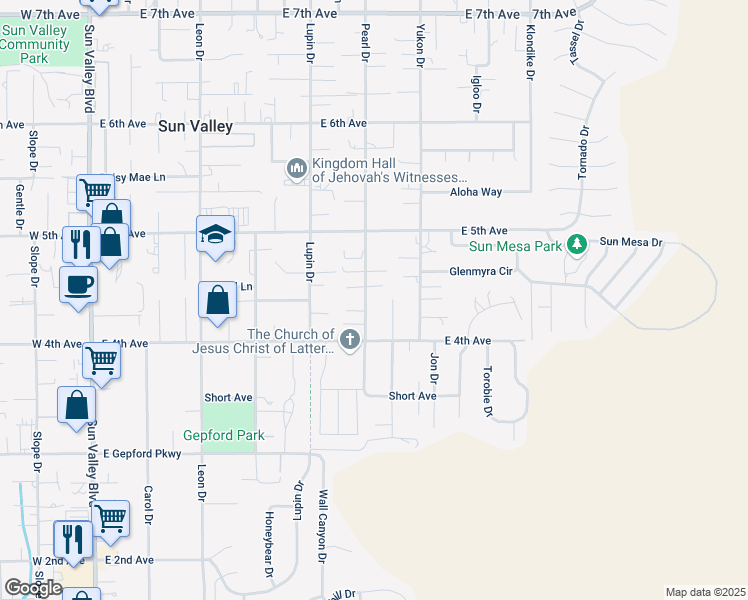 map of restaurants, bars, coffee shops, grocery stores, and more near 5451 Pearl Drive in Sun Valley