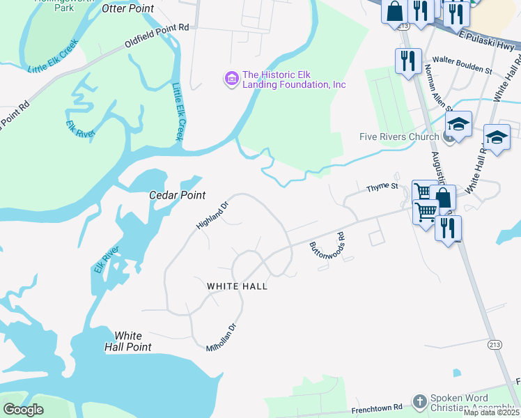 map of restaurants, bars, coffee shops, grocery stores, and more near 209 Highland Drive in Elkton