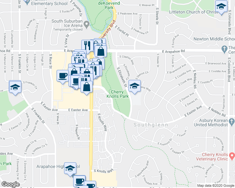 map of restaurants, bars, coffee shops, grocery stores, and more near 7077 South Elizabeth Street in Centennial