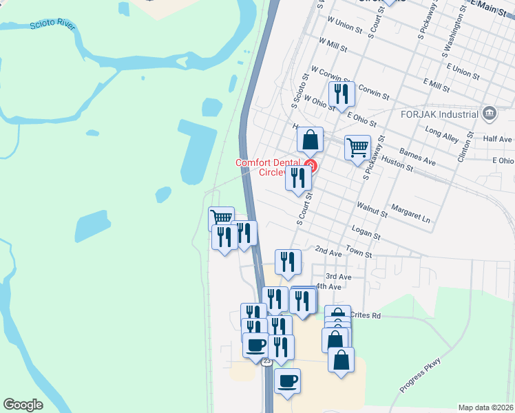 map of restaurants, bars, coffee shops, grocery stores, and more near 149 Dunmore Road in Circleville