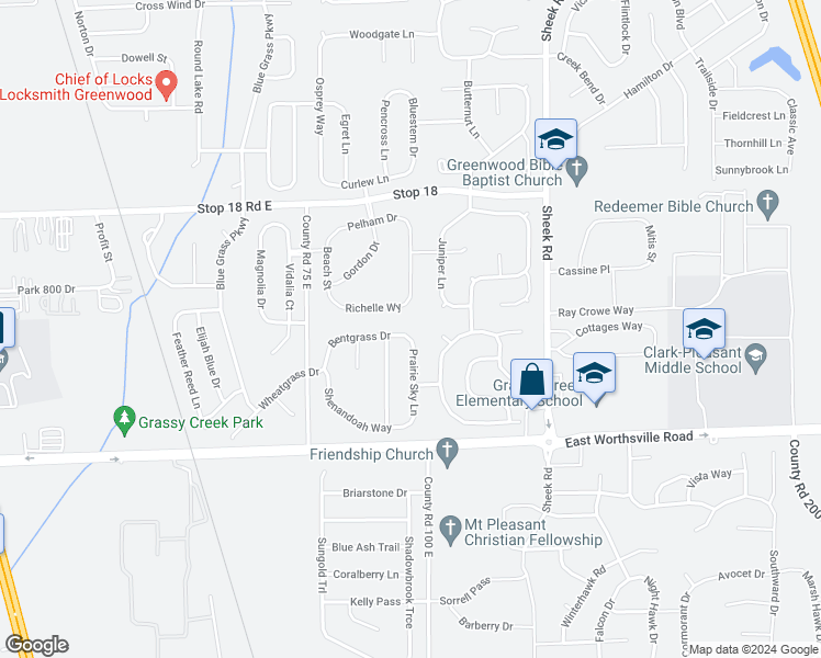 map of restaurants, bars, coffee shops, grocery stores, and more near 992 Bentgrass Drive in Greenwood