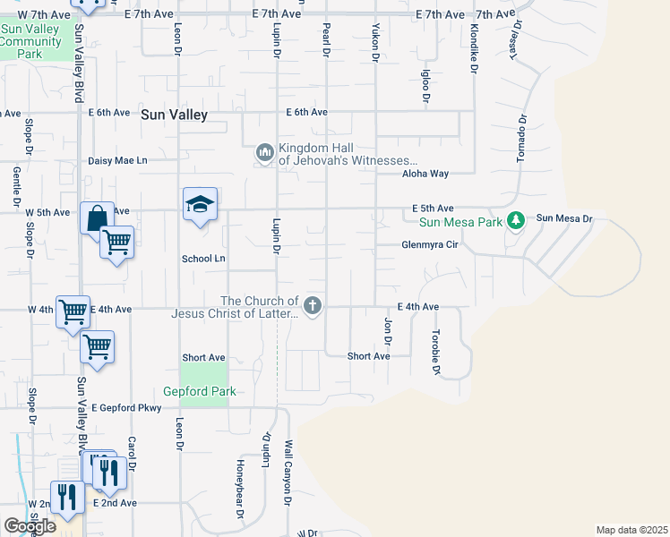 map of restaurants, bars, coffee shops, grocery stores, and more near 5451 Pearl Drive in Sun Valley