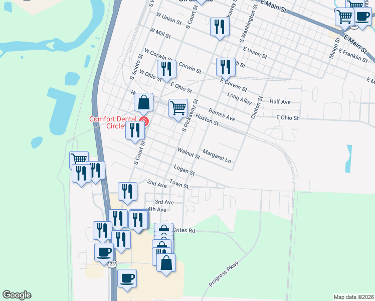 map of restaurants, bars, coffee shops, grocery stores, and more near 966 South Pickaway Street in Circleville