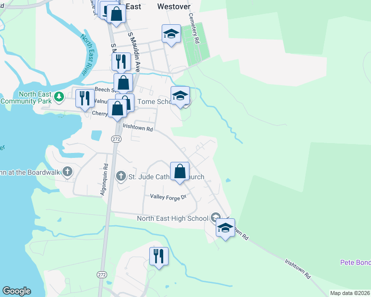 map of restaurants, bars, coffee shops, grocery stores, and more near 159 Irishtown Road in North East