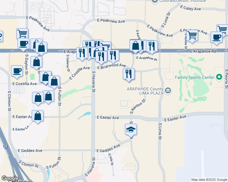 map of restaurants, bars, coffee shops, grocery stores, and more near 10731 East Easter Avenue in Centennial