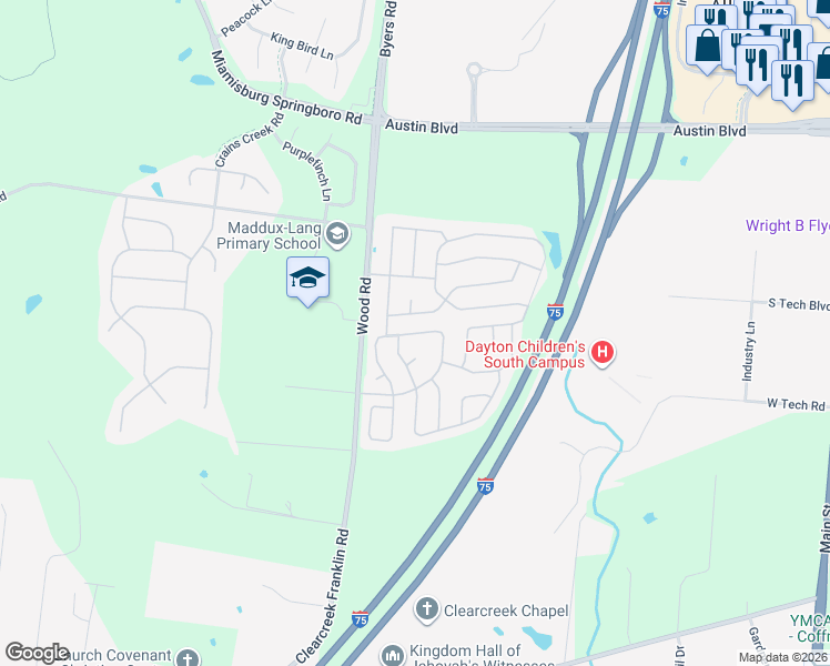 map of restaurants, bars, coffee shops, grocery stores, and more near 10410 Aldora Drive in Miamisburg