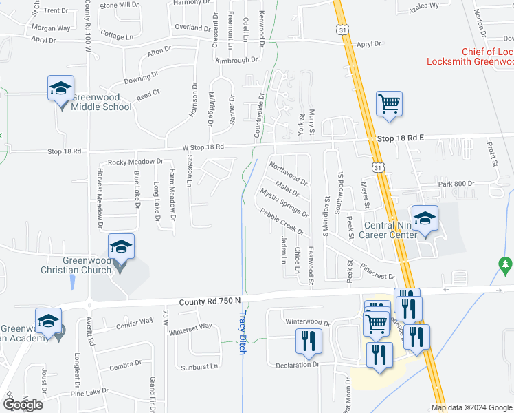 map of restaurants, bars, coffee shops, grocery stores, and more near 218 Pebble Creek Drive in Greenwood