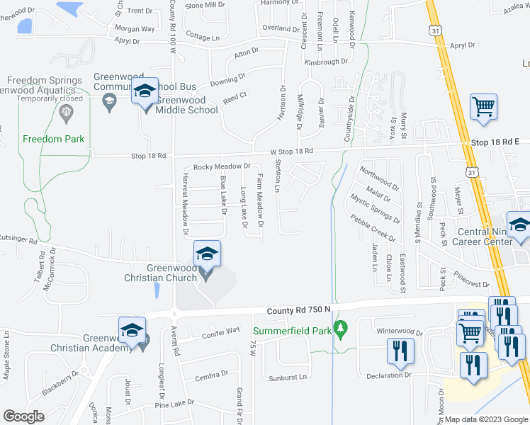 map of restaurants, bars, coffee shops, grocery stores, and more near 1803 Farm Meadow Drive in Greenwood