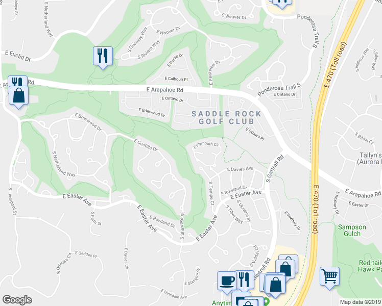 map of restaurants, bars, coffee shops, grocery stores, and more near 22355 East Plymouth Place in Aurora