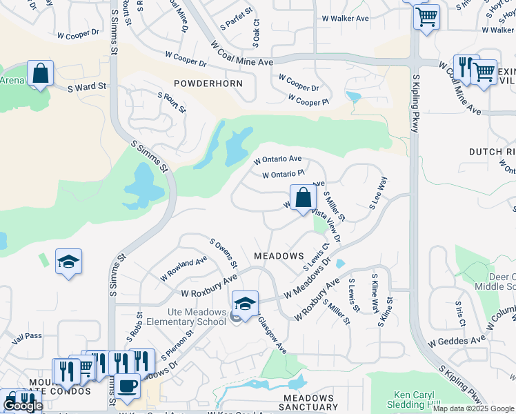 map of restaurants, bars, coffee shops, grocery stores, and more near 10818 West Vista View Drive in Littleton