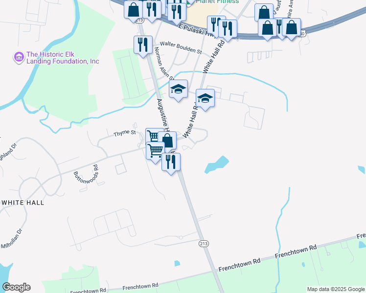 map of restaurants, bars, coffee shops, grocery stores, and more near 2 Colonial Manor Court in Elkton