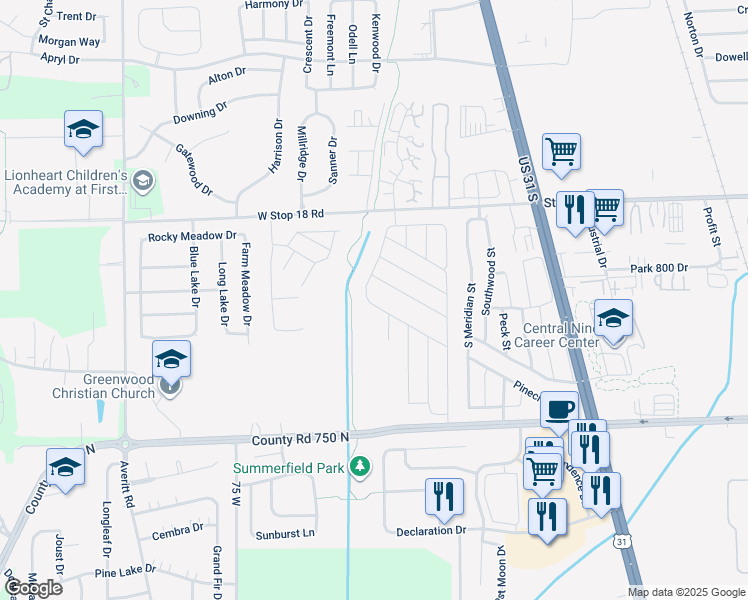 map of restaurants, bars, coffee shops, grocery stores, and more near 225 Pebble Creek Drive in Greenwood