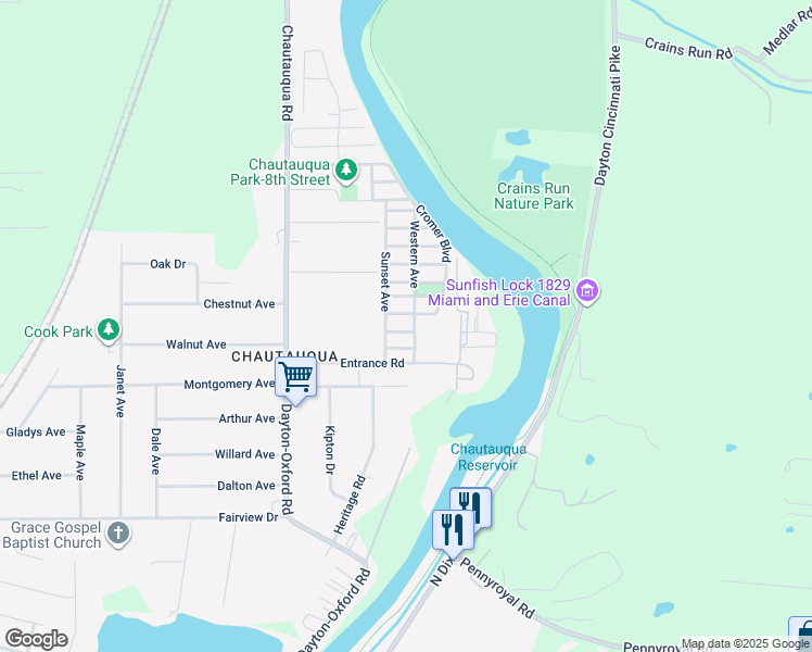 map of restaurants, bars, coffee shops, grocery stores, and more near 6077 1st Avenue in Miamisburg