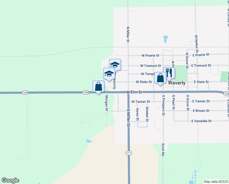 map of restaurants, bars, coffee shops, grocery stores, and more near 499 West Elm Street in Waverly