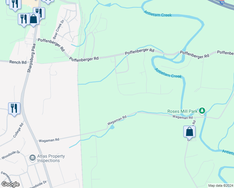 map of restaurants, bars, coffee shops, grocery stores, and more near 10050 Roulette Drive in Hagerstown