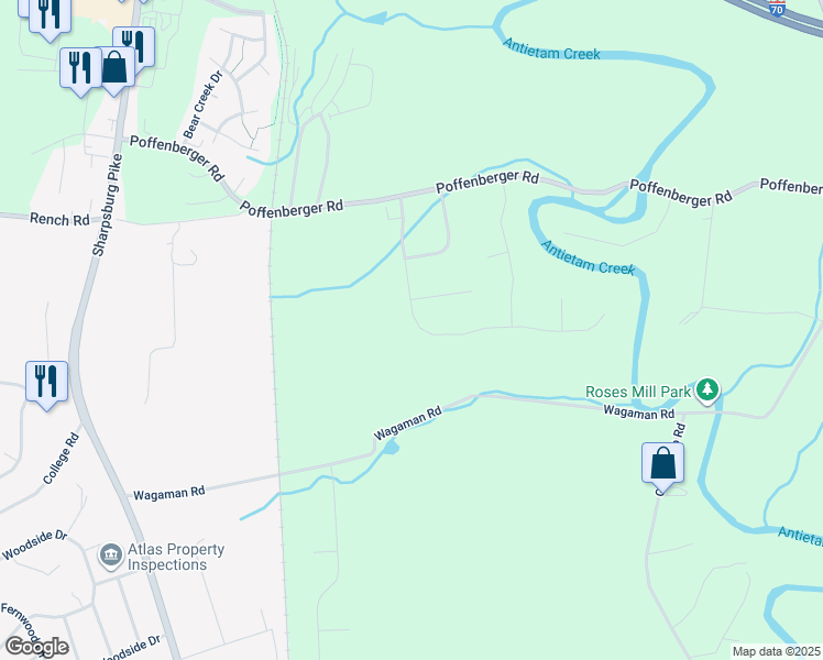 map of restaurants, bars, coffee shops, grocery stores, and more near 10050 Roulette Drive in Hagerstown