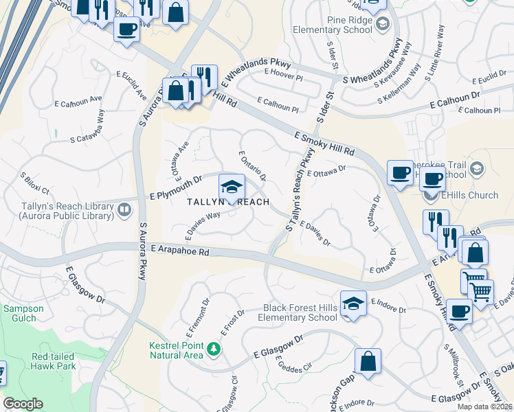 map of restaurants, bars, coffee shops, grocery stores, and more near 6891 South Haleyville Court in Aurora