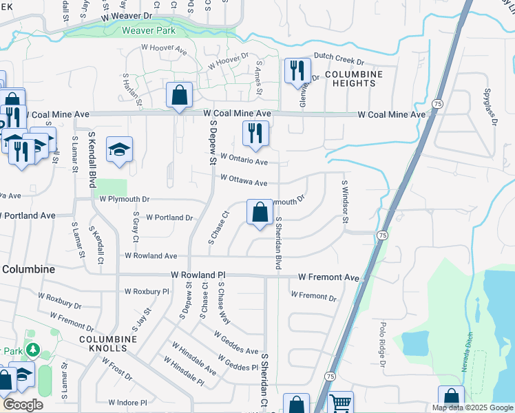 map of restaurants, bars, coffee shops, grocery stores, and more near 5415 West Plymouth Drive in Littleton
