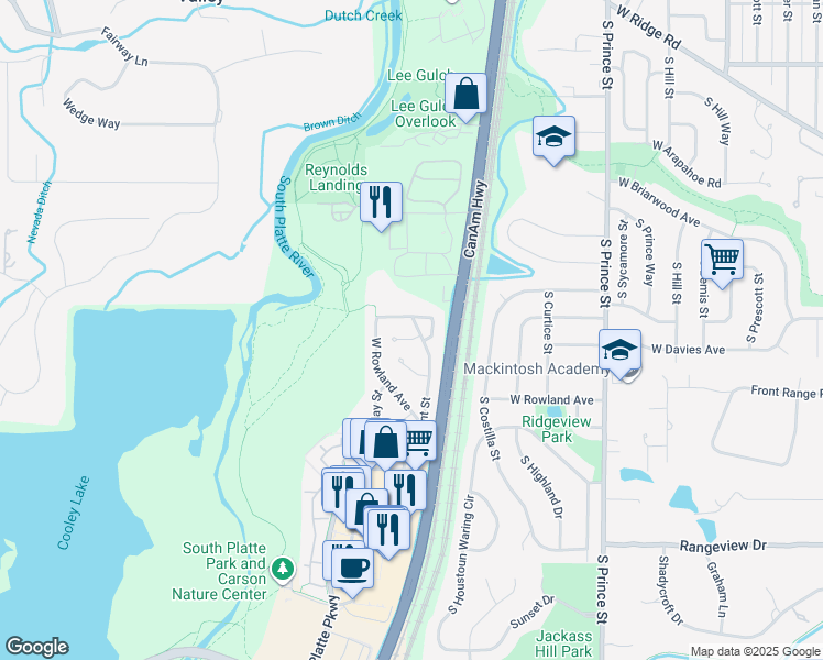 map of restaurants, bars, coffee shops, grocery stores, and more near 6911 South Bryant Street in Littleton