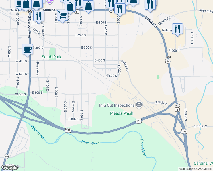 map of restaurants, bars, coffee shops, grocery stores, and more near 709 East 450 South in Price
