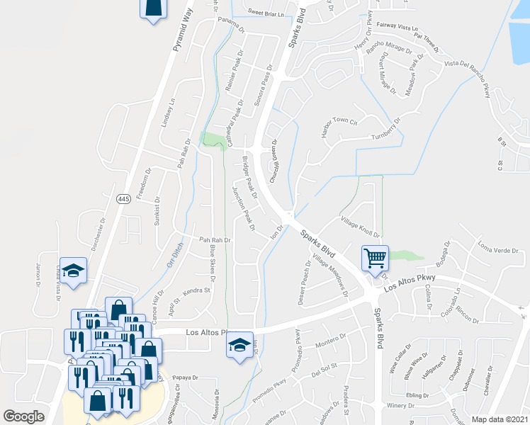 map of restaurants, bars, coffee shops, grocery stores, and more near 5523 Crabtree Grove Court in Sparks