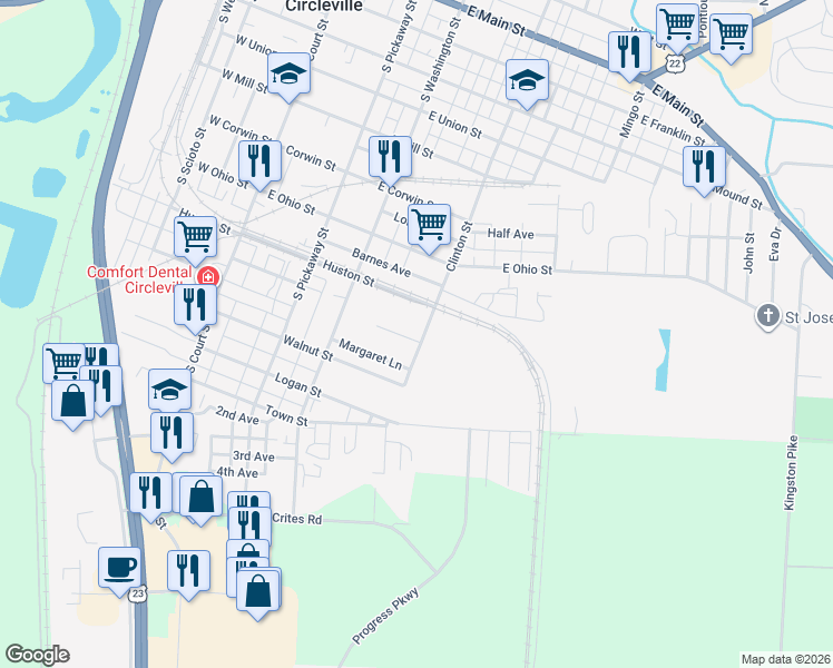 map of restaurants, bars, coffee shops, grocery stores, and more near 819 Clinton Street in Circleville