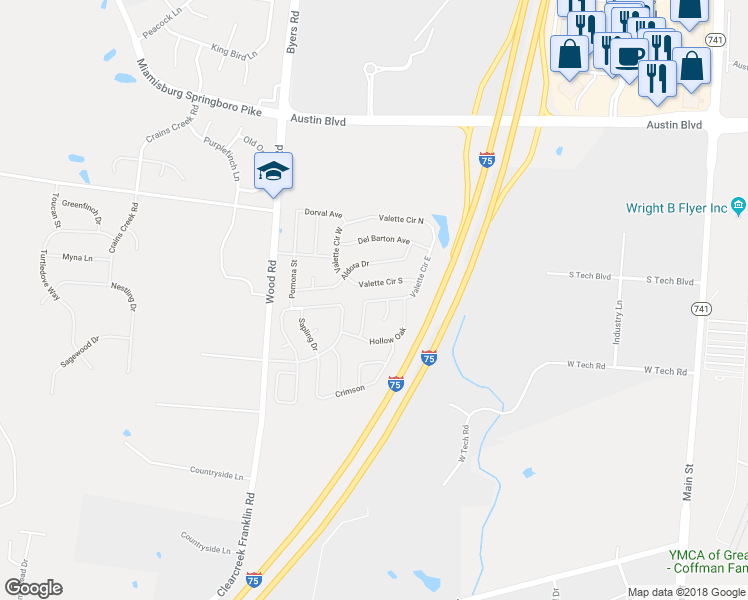 map of restaurants, bars, coffee shops, grocery stores, and more near Branch Lane in Miamisburg