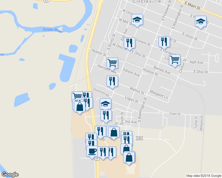 map of restaurants, bars, coffee shops, grocery stores, and more near 1029 South Court Street in Circleville