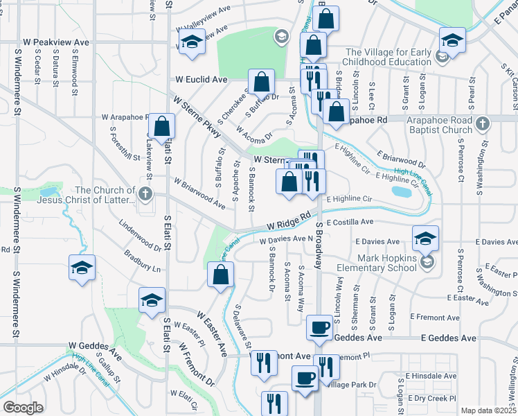 map of restaurants, bars, coffee shops, grocery stores, and more near 6940 South Bannock Street in Littleton