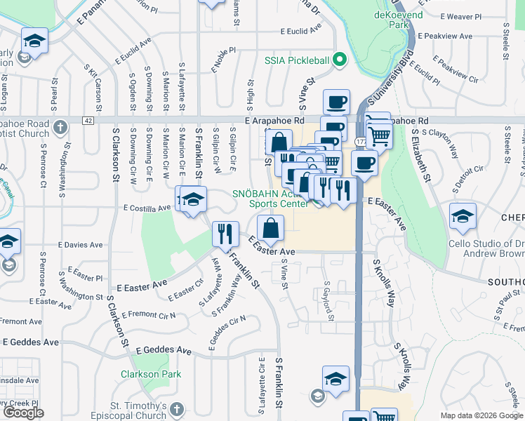map of restaurants, bars, coffee shops, grocery stores, and more near 1999 East Davies Place in Centennial