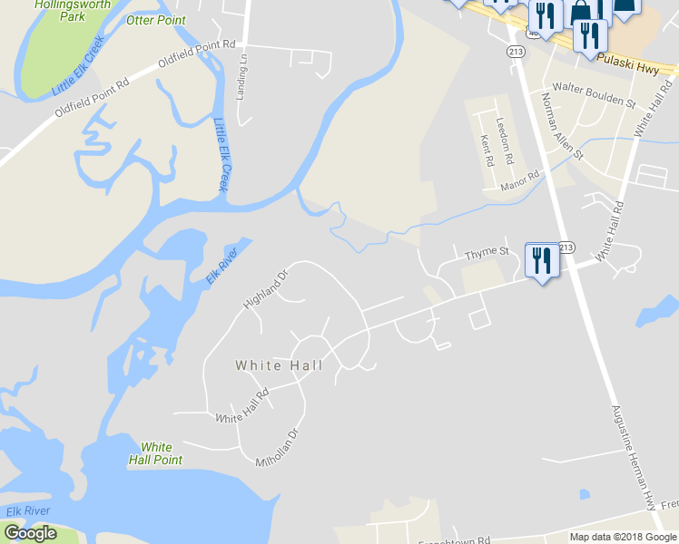 map of restaurants, bars, coffee shops, grocery stores, and more near 208 Highland Drive in Elkton