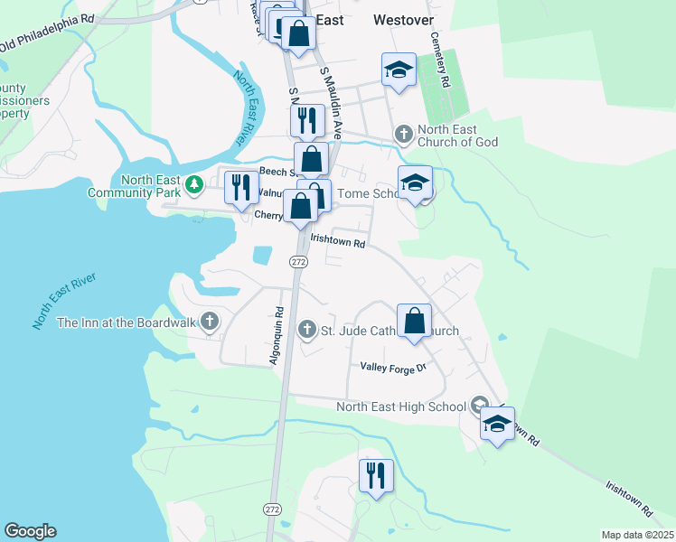 map of restaurants, bars, coffee shops, grocery stores, and more near 14 Bertram Court in North East