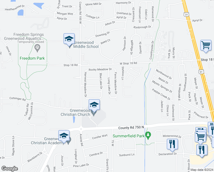 map of restaurants, bars, coffee shops, grocery stores, and more near 571 Blue Meadow Drive in Greenwood