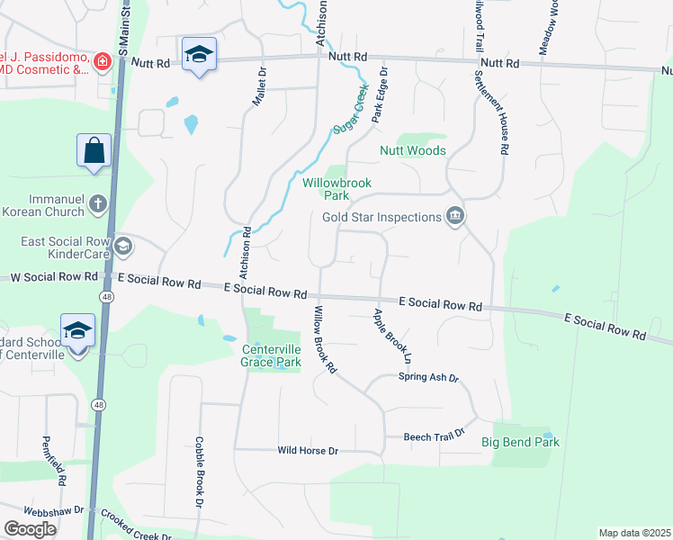 map of restaurants, bars, coffee shops, grocery stores, and more near 1400 Willow Park Court in Dayton