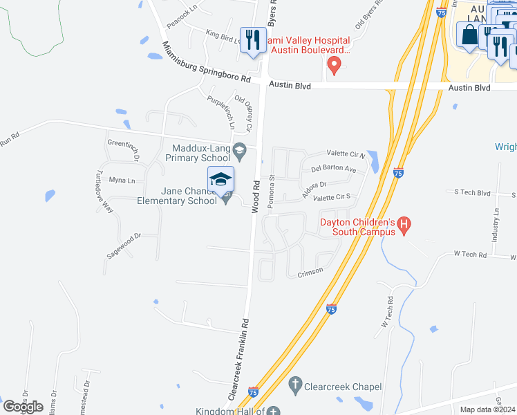 map of restaurants, bars, coffee shops, grocery stores, and more near 10530 Wood Road in Miamisburg